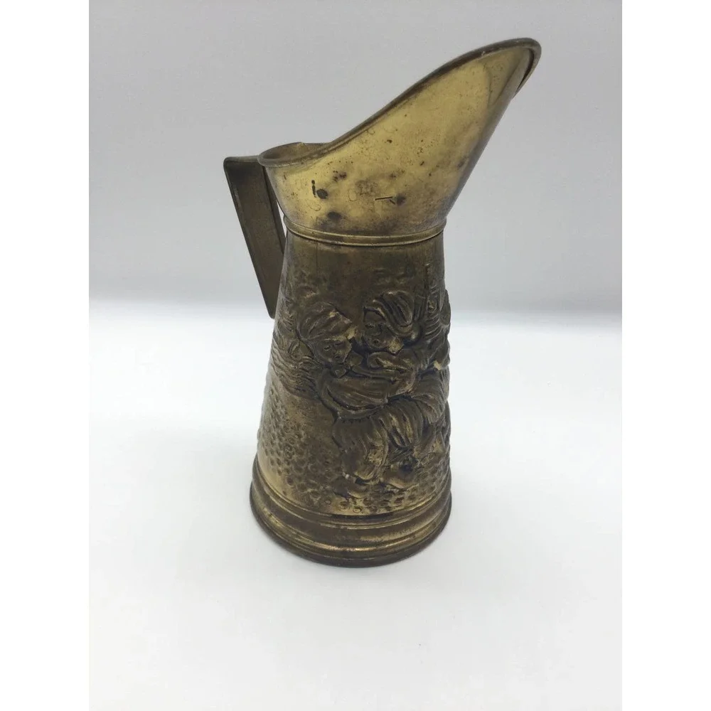Vintage 8” brass pitcher windmill England dog‎ sailboat chicken street country